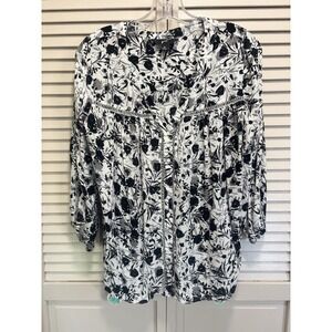 Gnw Floral 3/4 Sleeve Button Up Blouse Size M Black/White Crochet